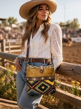 Myra Bag Cowhide & Hand Tooled Leather Crossbody Boho Western Leopard Canvas Bag